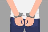 Cartoon crime man hands in handcuff at back isolated. Colorful arrested male arms wearing manacle behind vector graphic illustration. Close up law perpetrator at prison