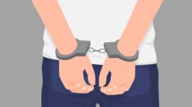 Cartoon crime man hands in handcuff at back isolated. Colorful arrested male arms wearing manacle behind vector graphic illustration. Close up law perpetrator at prison