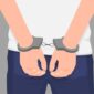 Cartoon crime man hands in handcuff at back isolated. Colorful arrested male arms wearing manacle behind vector graphic illustration. Close up law perpetrator at prison